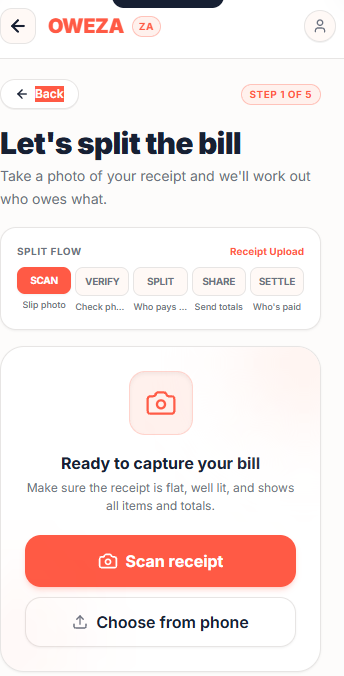 OWEZA app showing the Scan receipt step